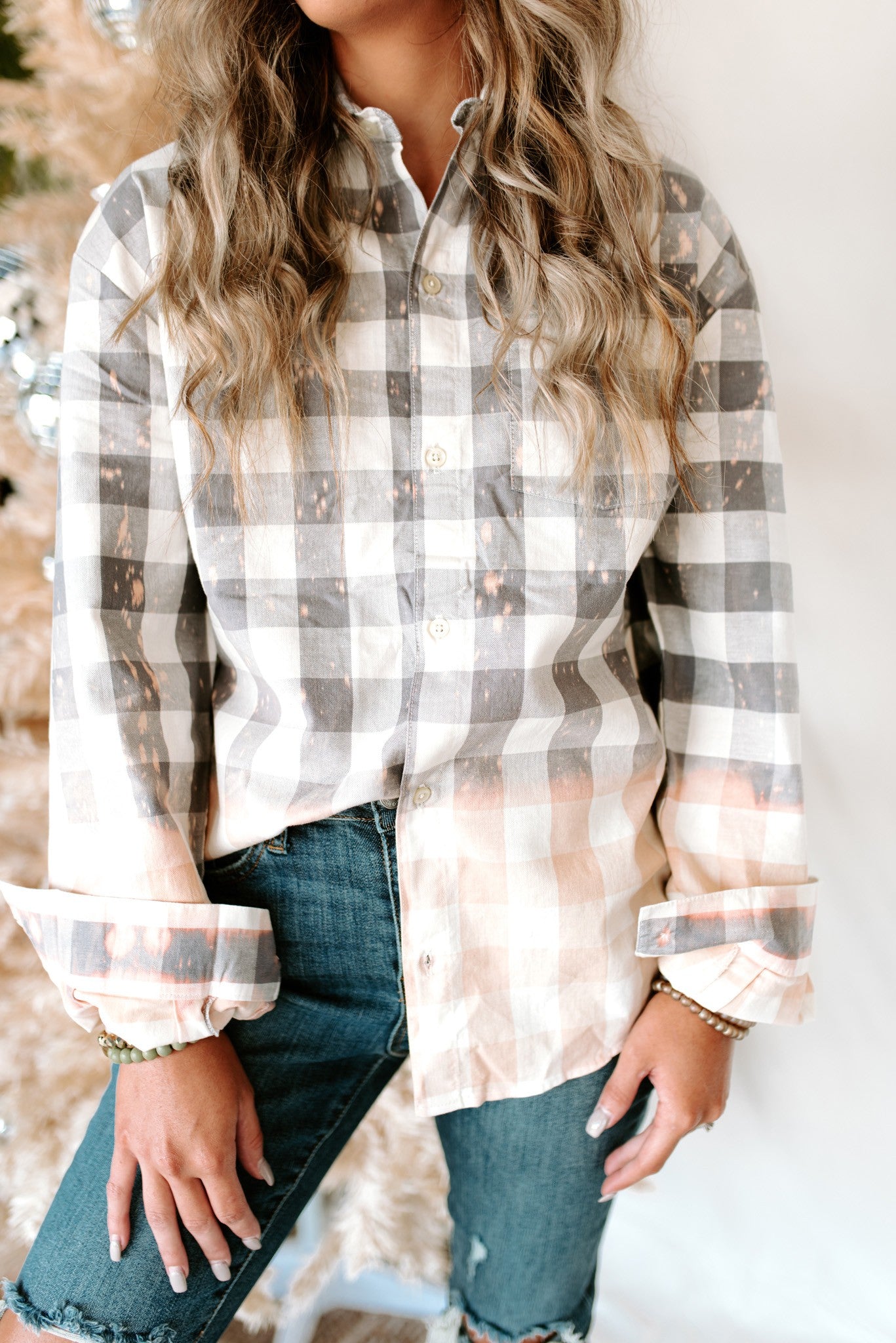 Gray Bleached Plaid Button-Up