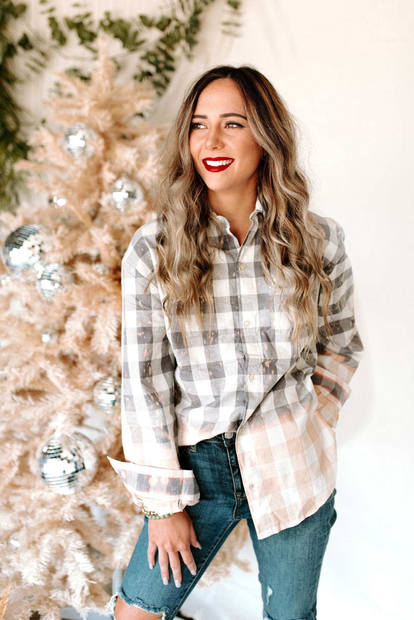 Gray Bleached Plaid Button-Up