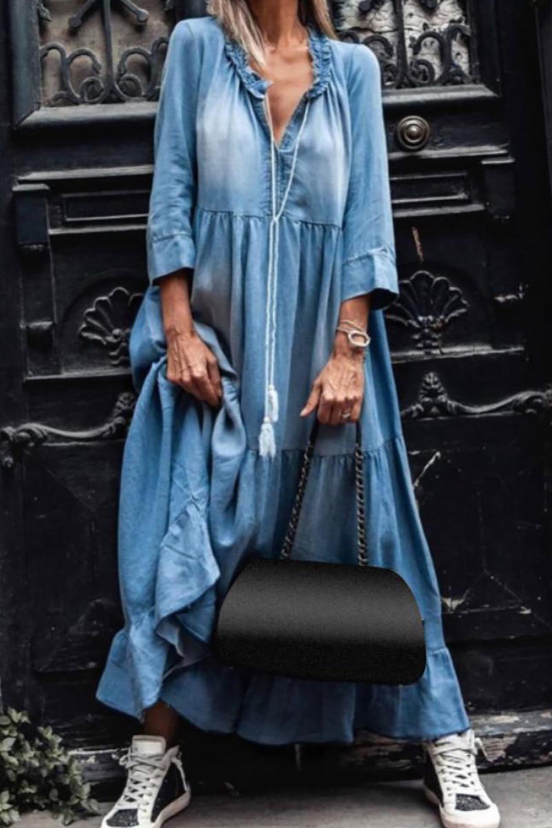 V Neck Denim Maxi Dress