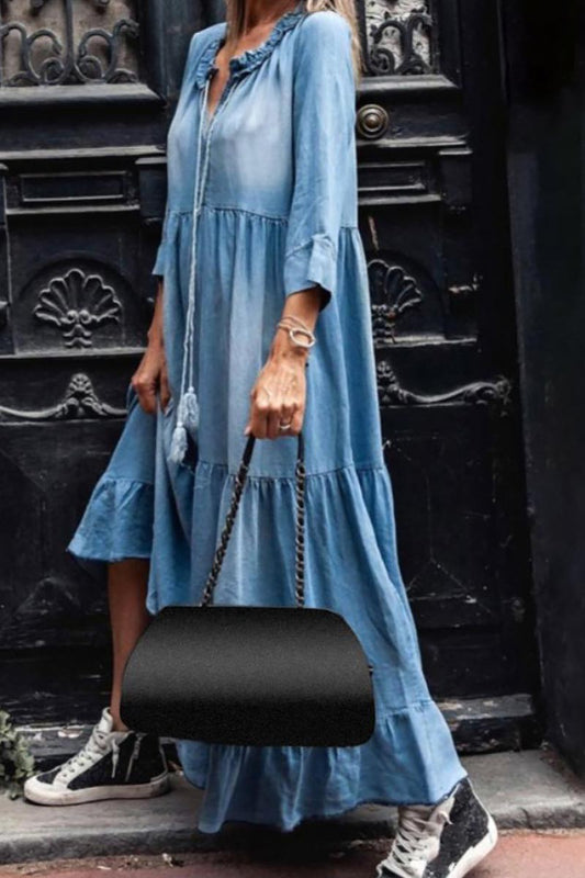 V Neck Denim Maxi Dress