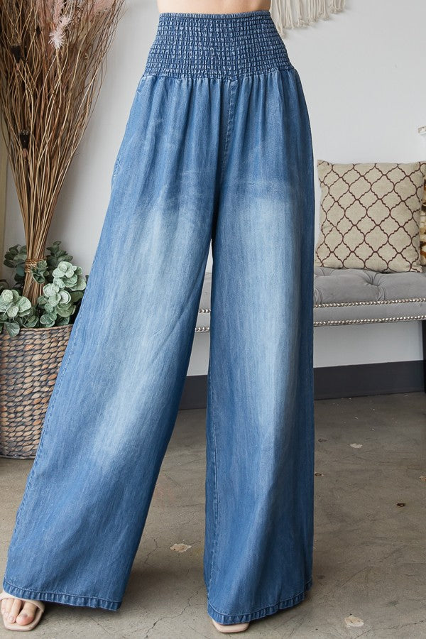 Washed elastic band wide-leg pants