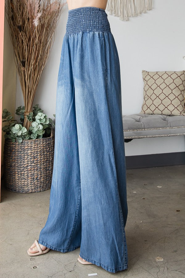 Washed elastic band wide-leg pants