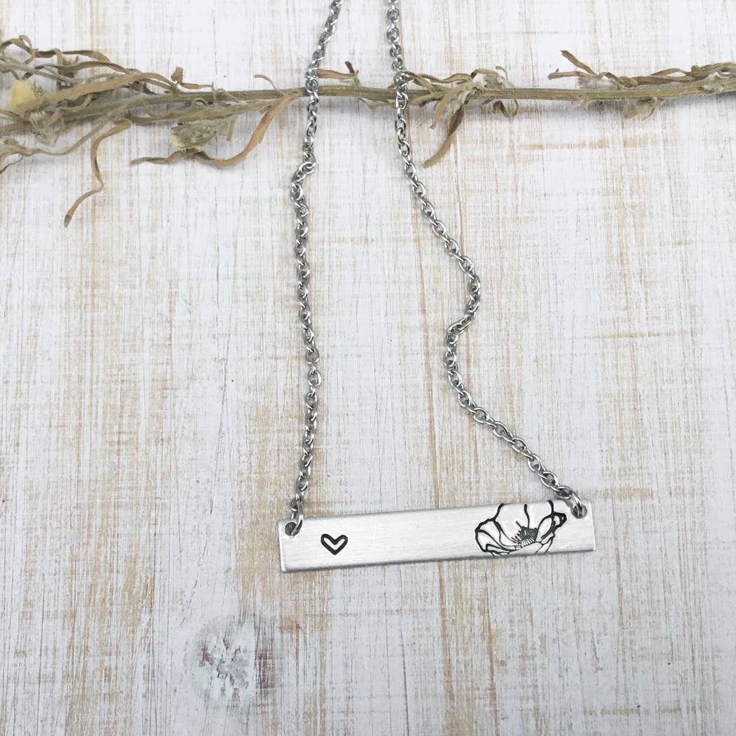 Poppy Flower and Heart Bar Necklace