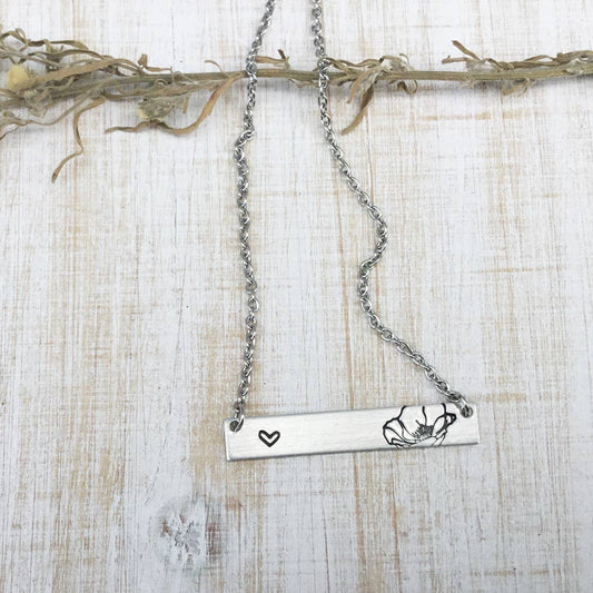 Poppy Flower and Heart Bar Necklace